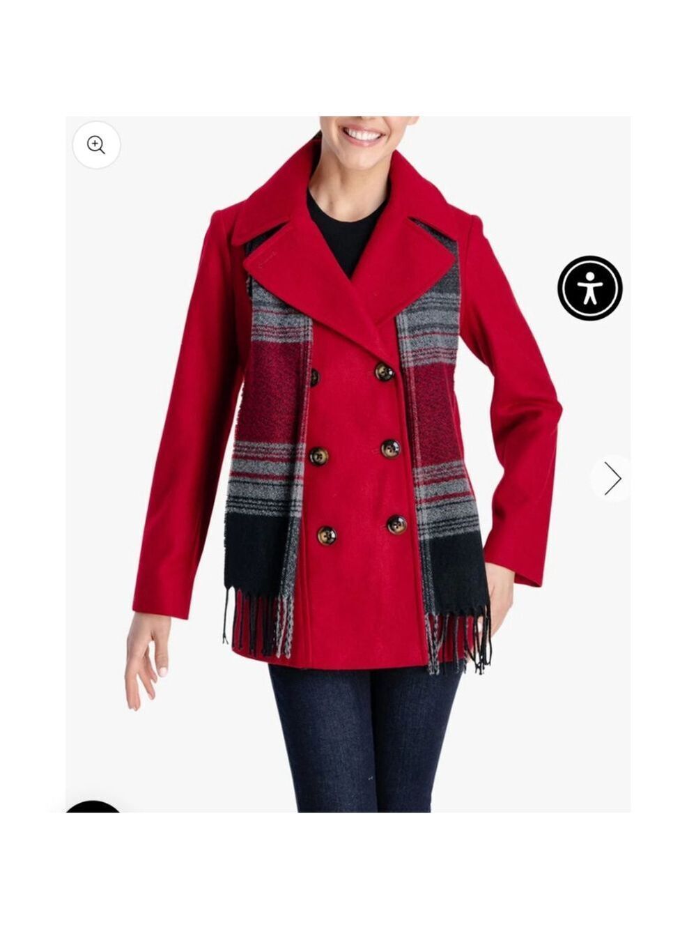 Women'sDouble breasted London Fog Red Pea Coat Size S with Scarf